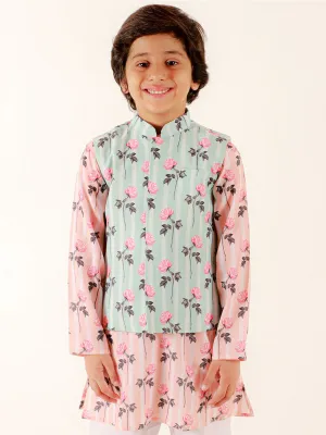 Jashvi Boys Peach Floral Printed Nehru Jacket