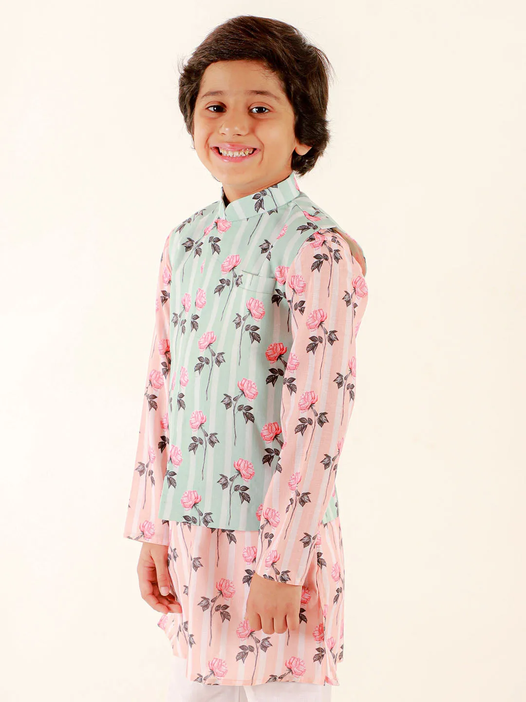 Jashvi Boys Peach Floral Printed Nehru Jacket