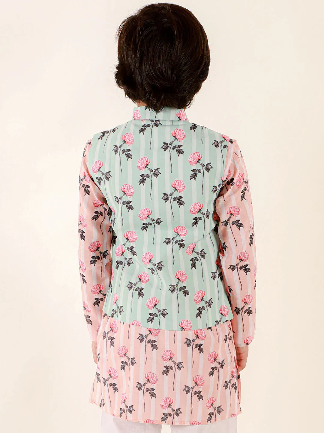 Jashvi Boys Peach Floral Printed Nehru Jacket