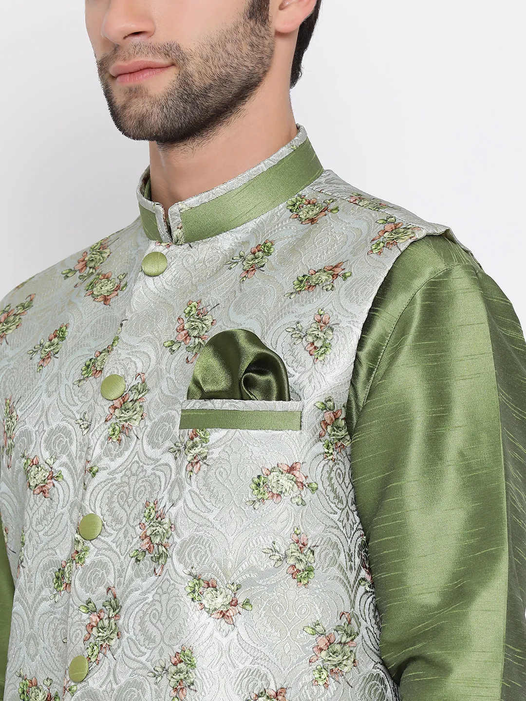 Jashvi Men's Grey & Green Printed Woven Nehru Jacket