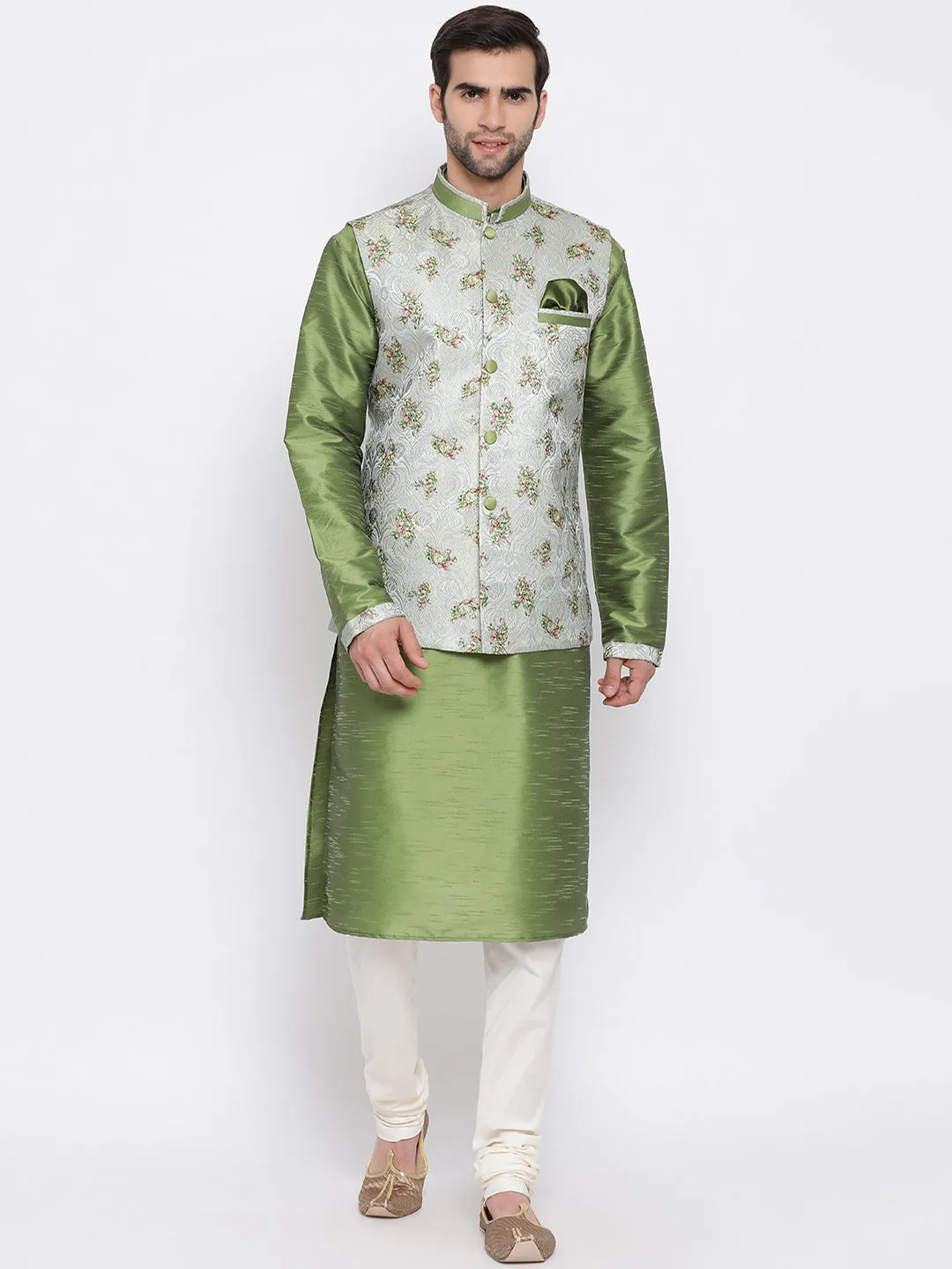 Jashvi Men's Grey & Green Printed Woven Nehru Jacket