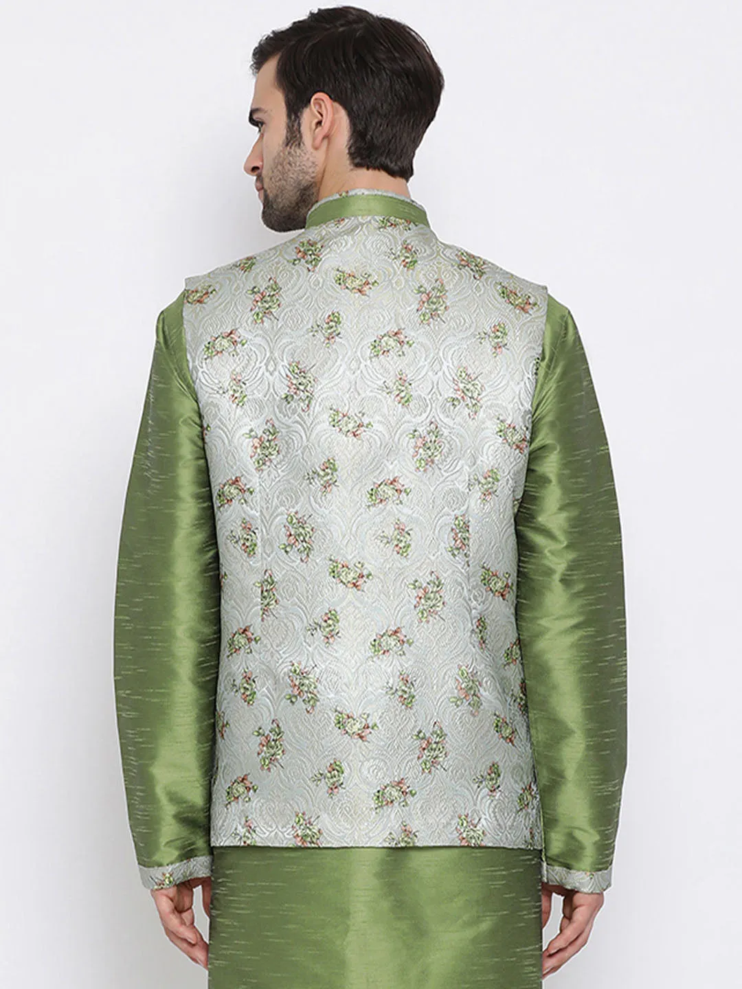 Jashvi Men's Grey & Green Printed Woven Nehru Jacket