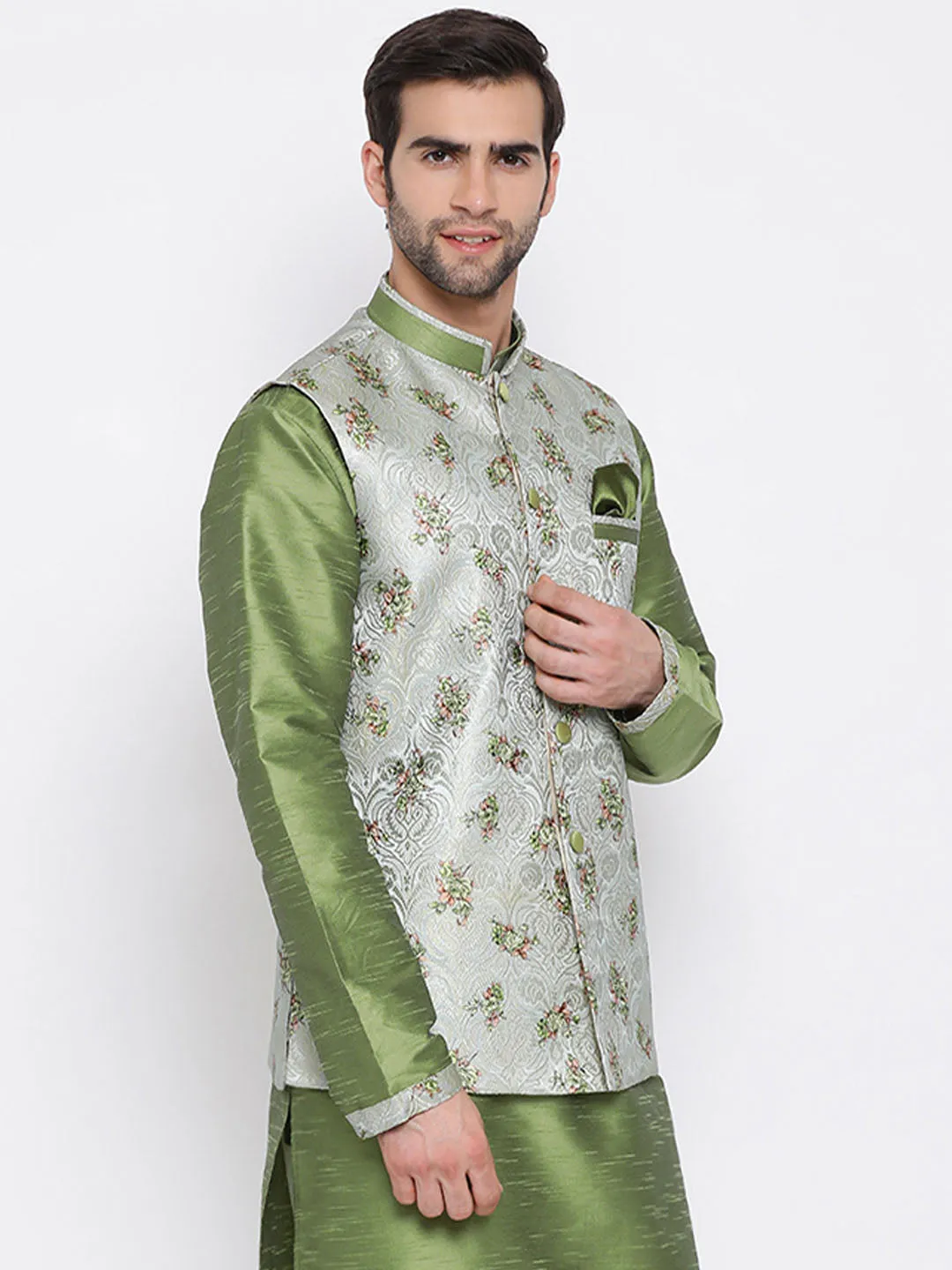 Jashvi Men's Grey & Green Printed Woven Nehru Jacket