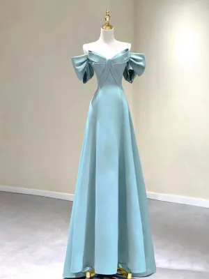 Light Blue Satin Spaghetti Strap Off The Shoulder Prom Dress