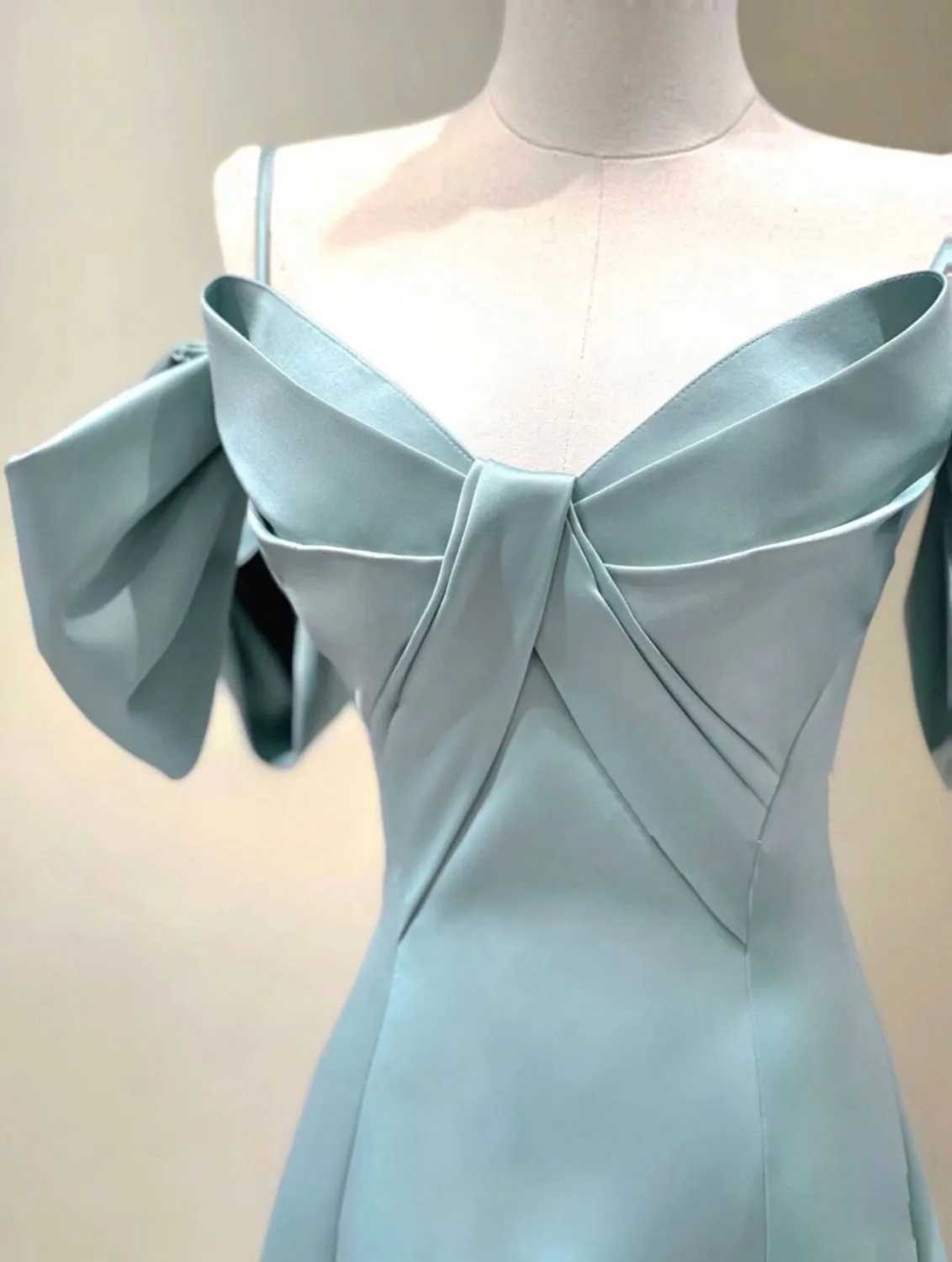 Light Blue Satin Spaghetti Strap Off The Shoulder Prom Dress