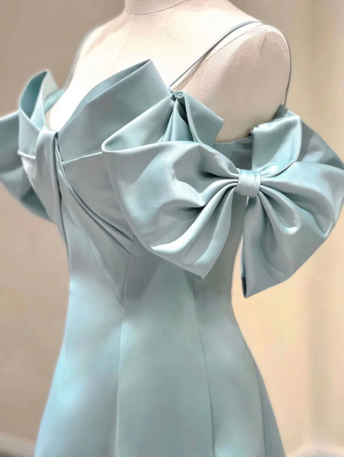 Light Blue Satin Spaghetti Strap Off The Shoulder Prom Dress