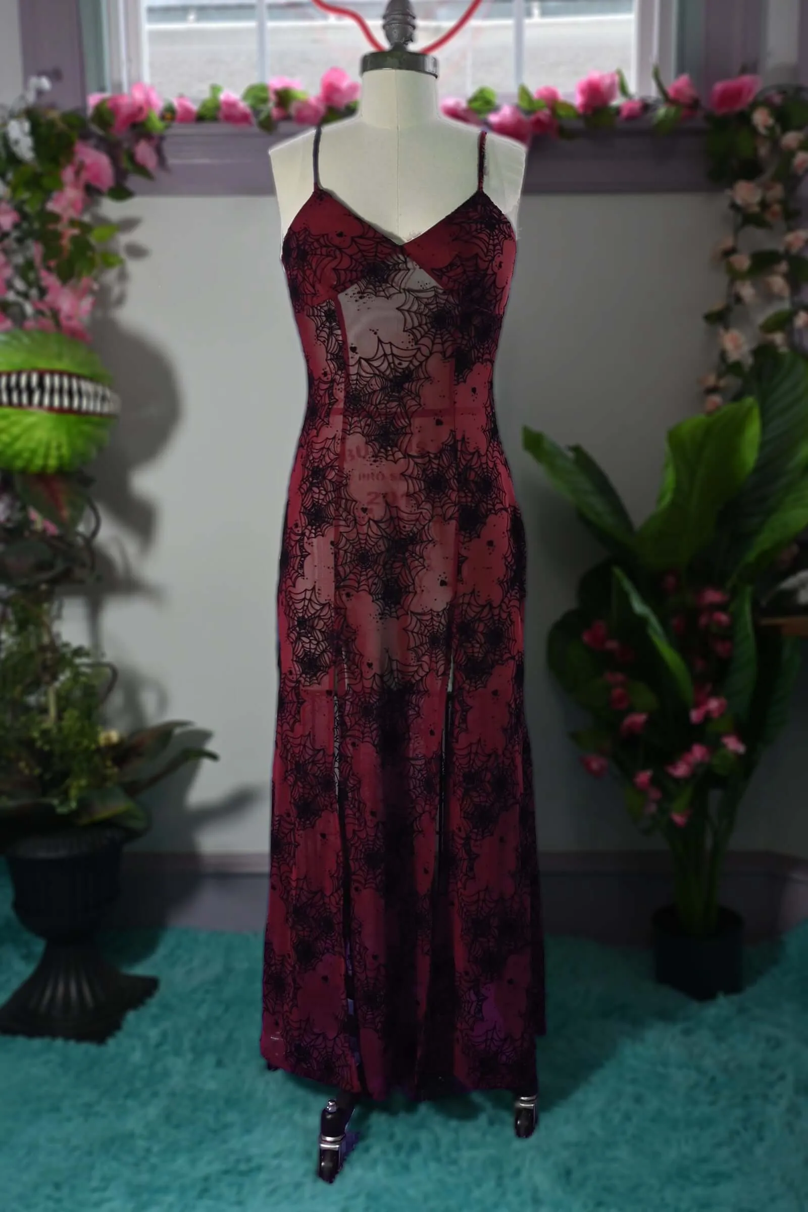 Lily Slip Dress in Oxblood Mesh Flocked Spiderwebs