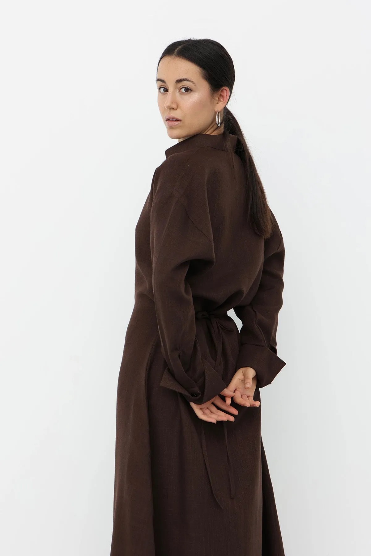 Linen Belted Dress - Brown