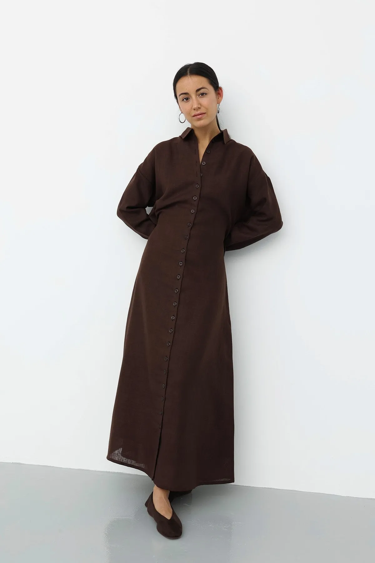 Linen Belted Dress - Brown