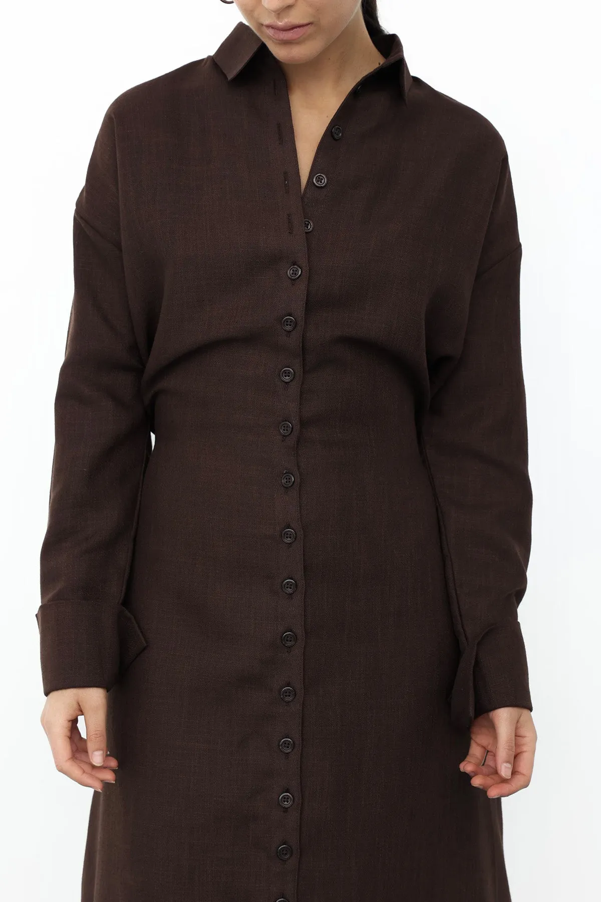 Linen Belted Dress - Brown