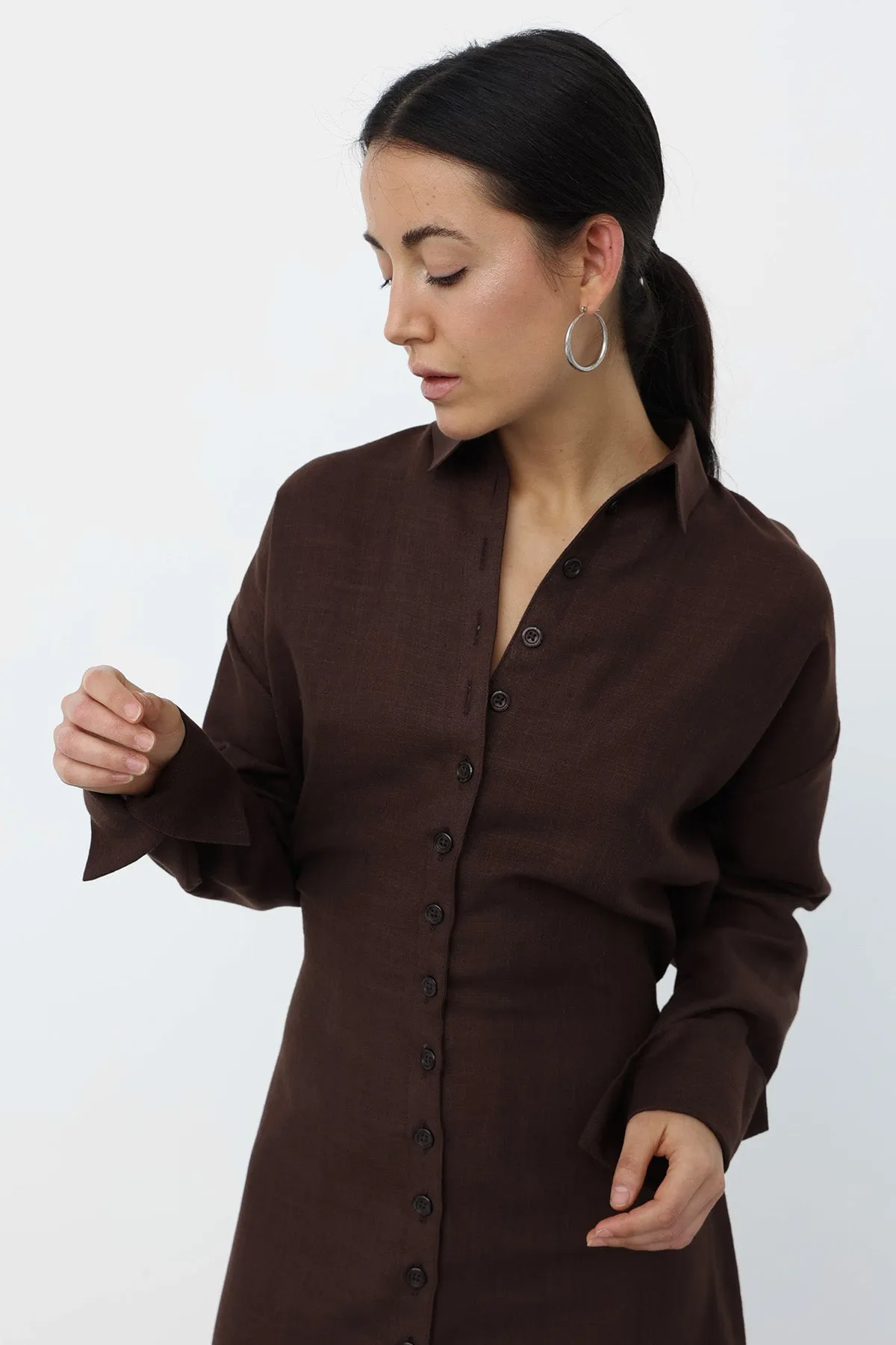 Linen Belted Dress - Brown