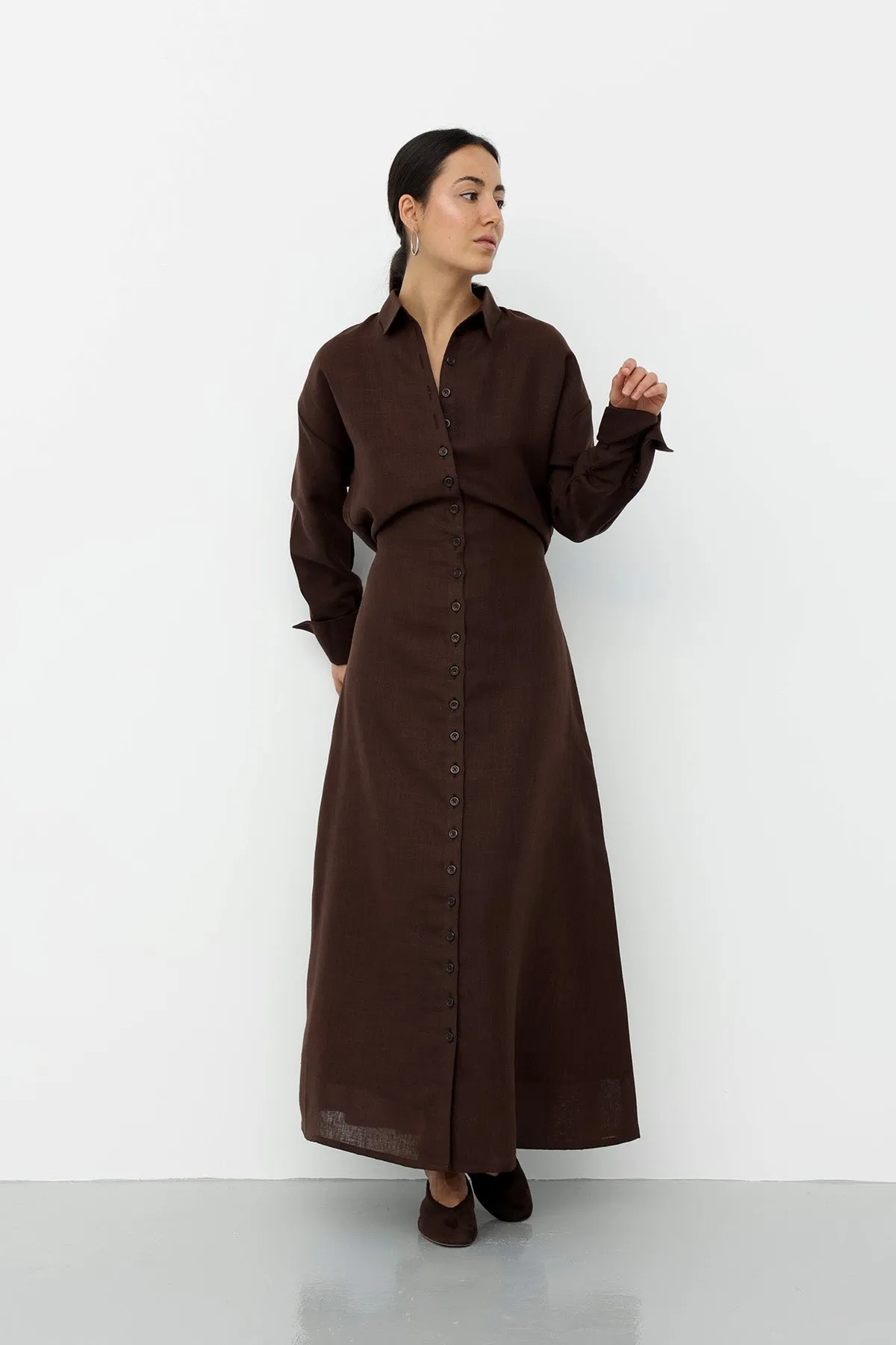 Linen Belted Dress - Brown