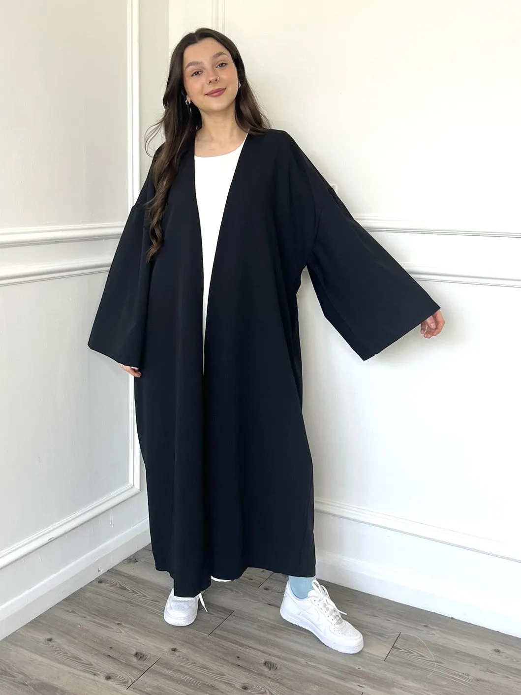 Linen Look Kimono Abaya - Black