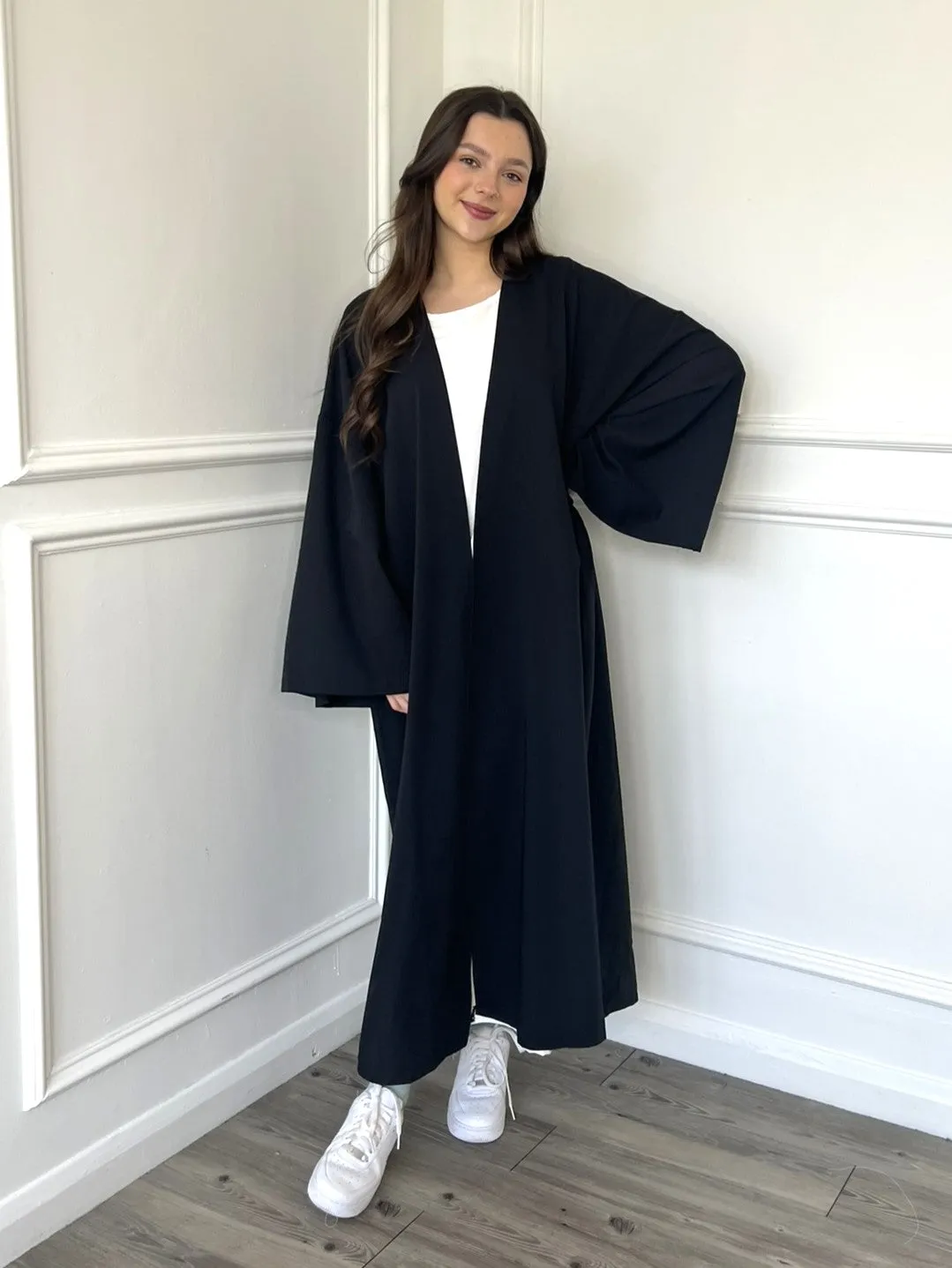 Linen Look Kimono Abaya - Black