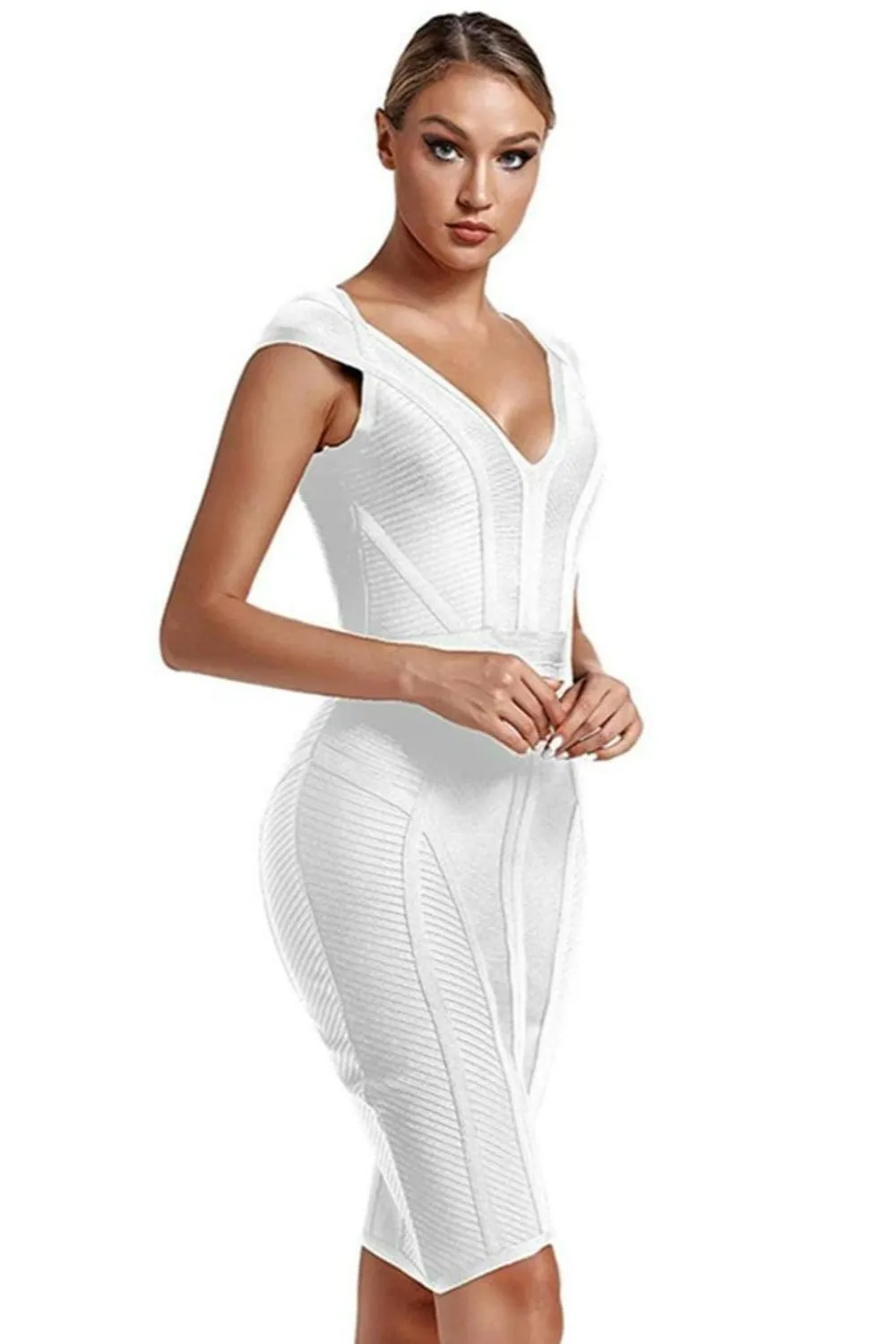 Loren Runway Elegant Short Sleeve Striped Bandage Dress - White