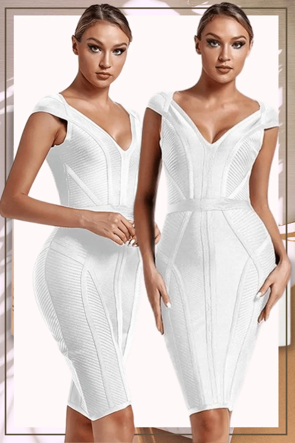 Loren Runway Elegant Short Sleeve Striped Bandage Dress - White