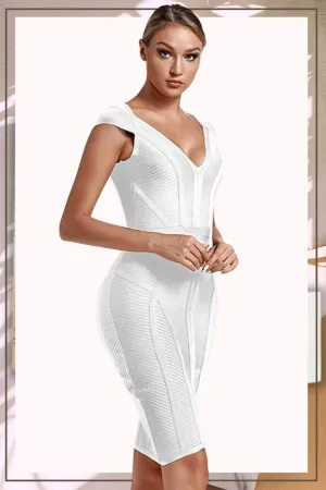 Loren Runway Elegant Short Sleeve Striped Bandage Dress - White