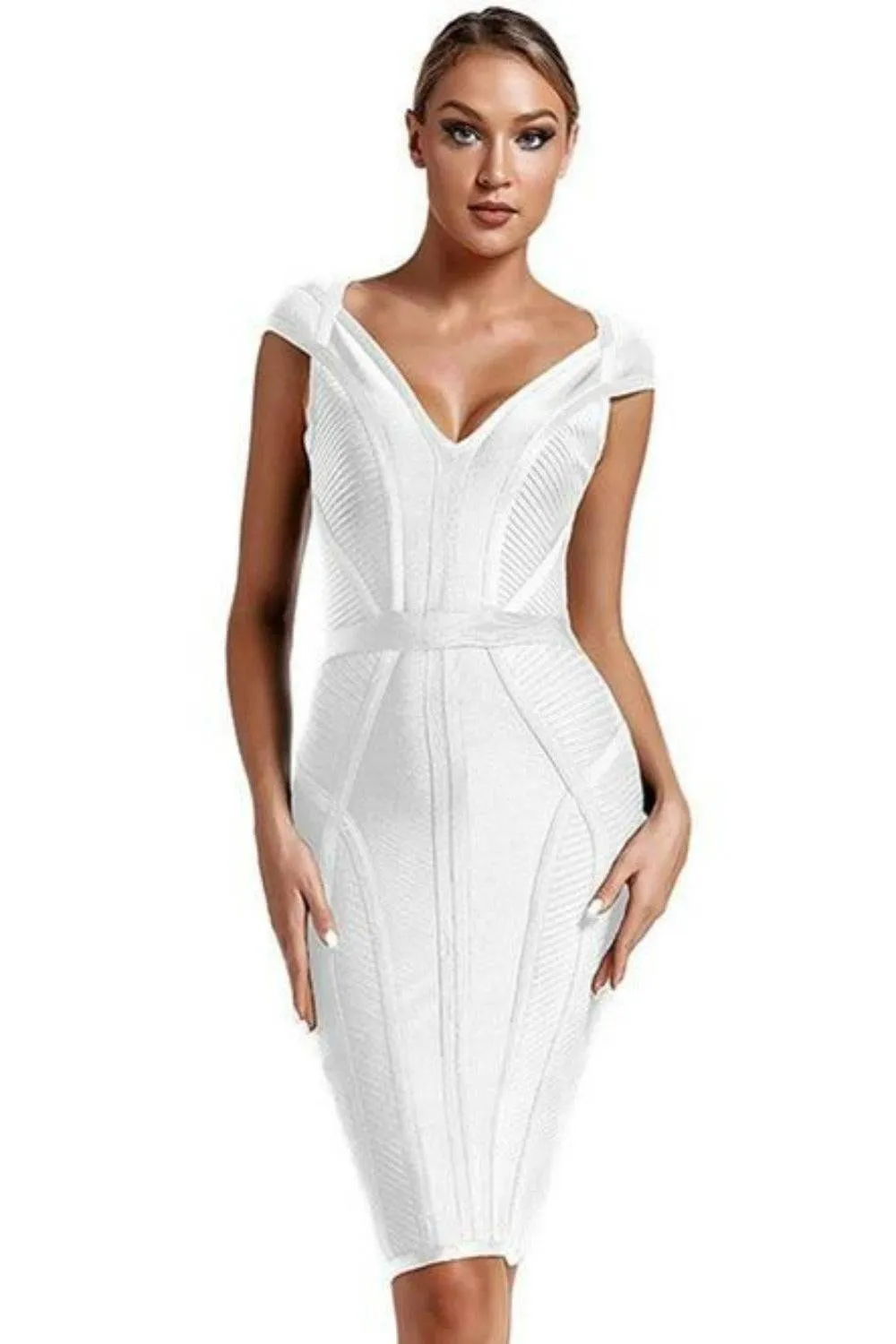 Loren Runway Elegant Short Sleeve Striped Bandage Dress - White