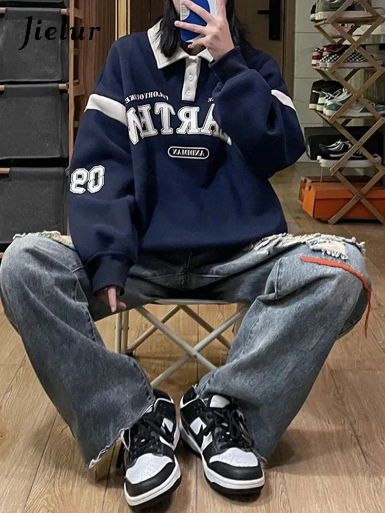 Metaversmall Polo Neck Korean Style Printed Female Hoodies Autumn Office Lady Loose Long Sleeve Apricot Casual Women Sweatshirts Blue