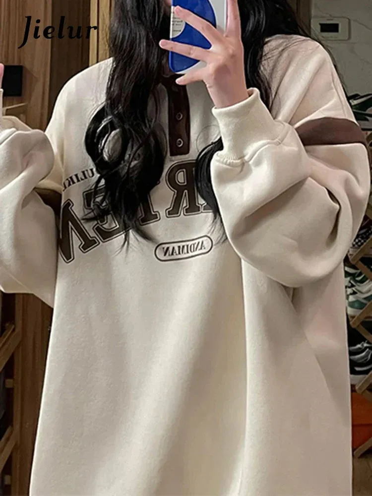 Metaversmall Polo Neck Korean Style Printed Female Hoodies Autumn Office Lady Loose Long Sleeve Apricot Casual Women Sweatshirts Blue