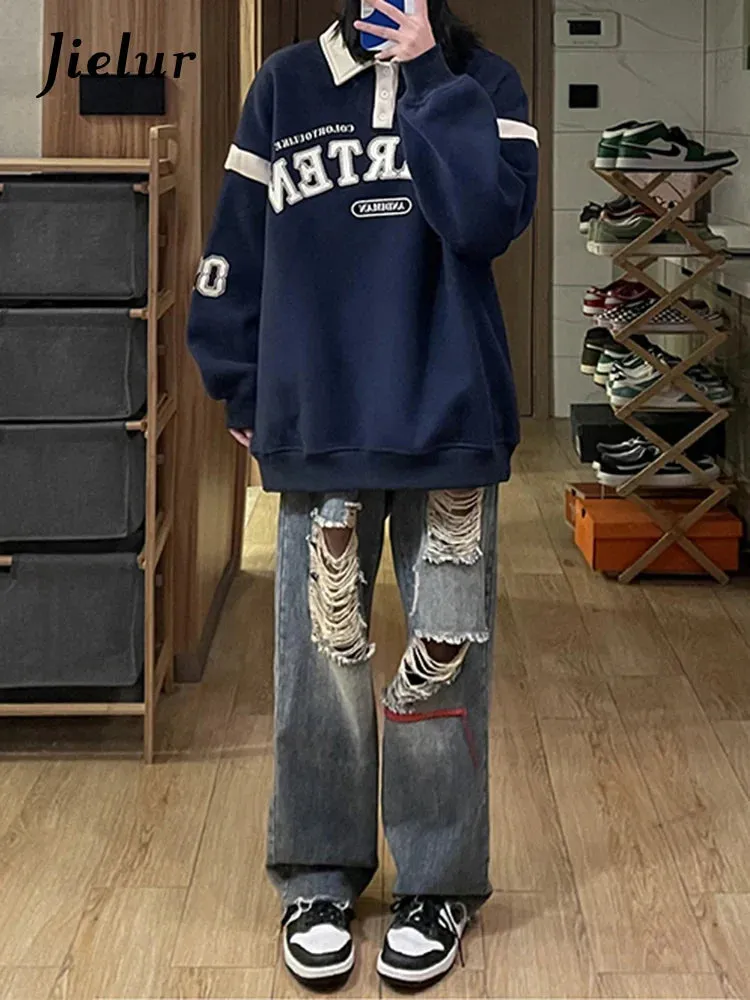 Metaversmall Polo Neck Korean Style Printed Female Hoodies Autumn Office Lady Loose Long Sleeve Apricot Casual Women Sweatshirts Blue