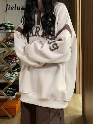 Metaversmall Polo Neck Korean Style Printed Female Hoodies Autumn Office Lady Loose Long Sleeve Apricot Casual Women Sweatshirts Blue