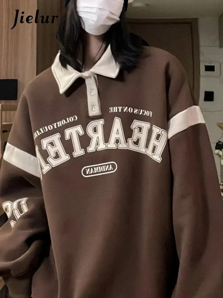 Metaversmall Polo Neck Korean Style Printed Female Hoodies Autumn Office Lady Loose Long Sleeve Apricot Casual Women Sweatshirts Blue