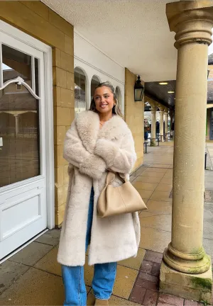 MIMI Faux Fur Long Sleeved Belted Coat in Latte