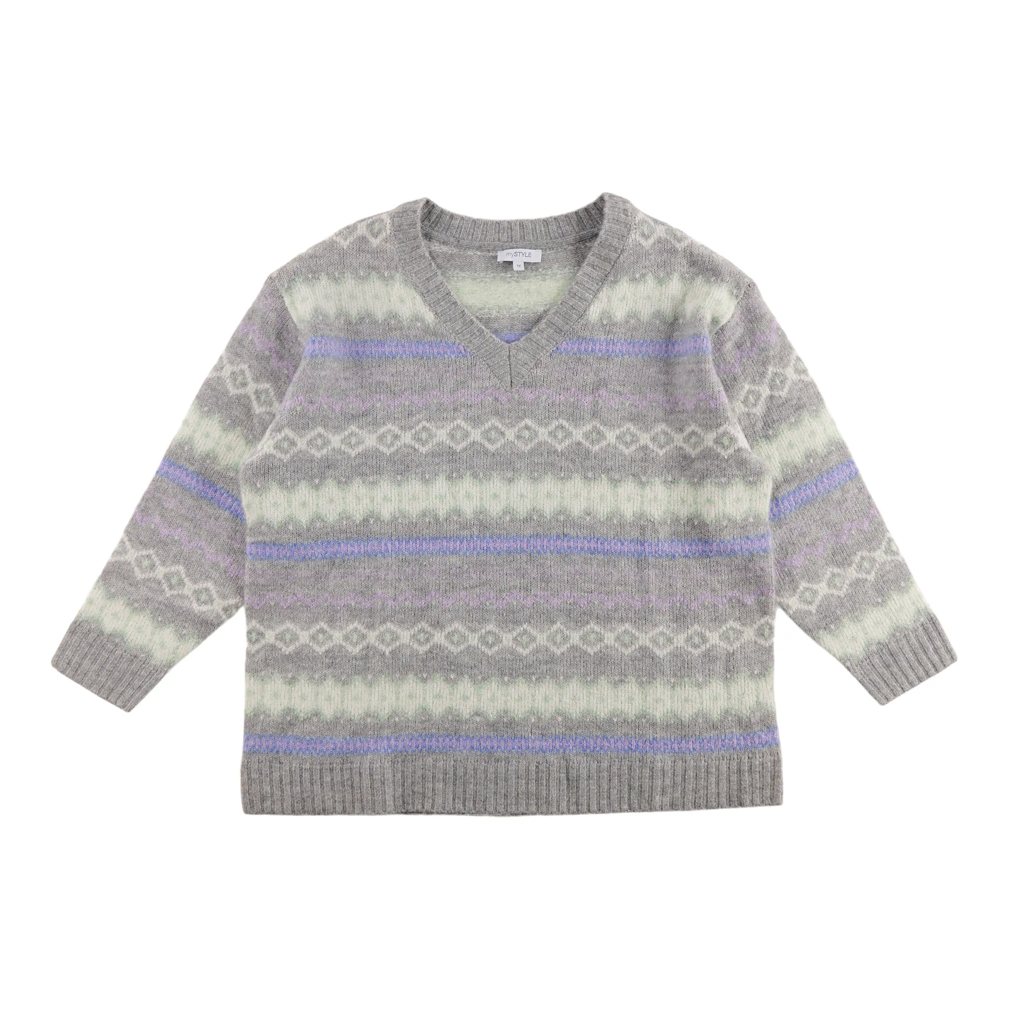 mySTYLE Women's Plus Jacquard V-Neck Sweater