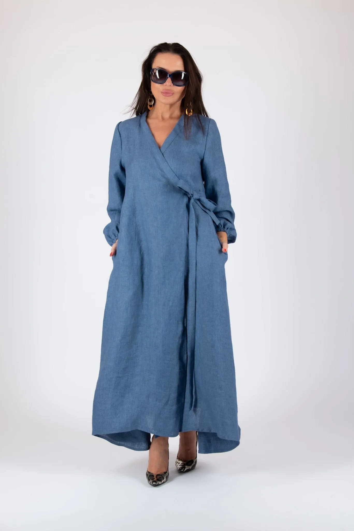 NAPOLI Linen Long Sleeves Wrap Dress