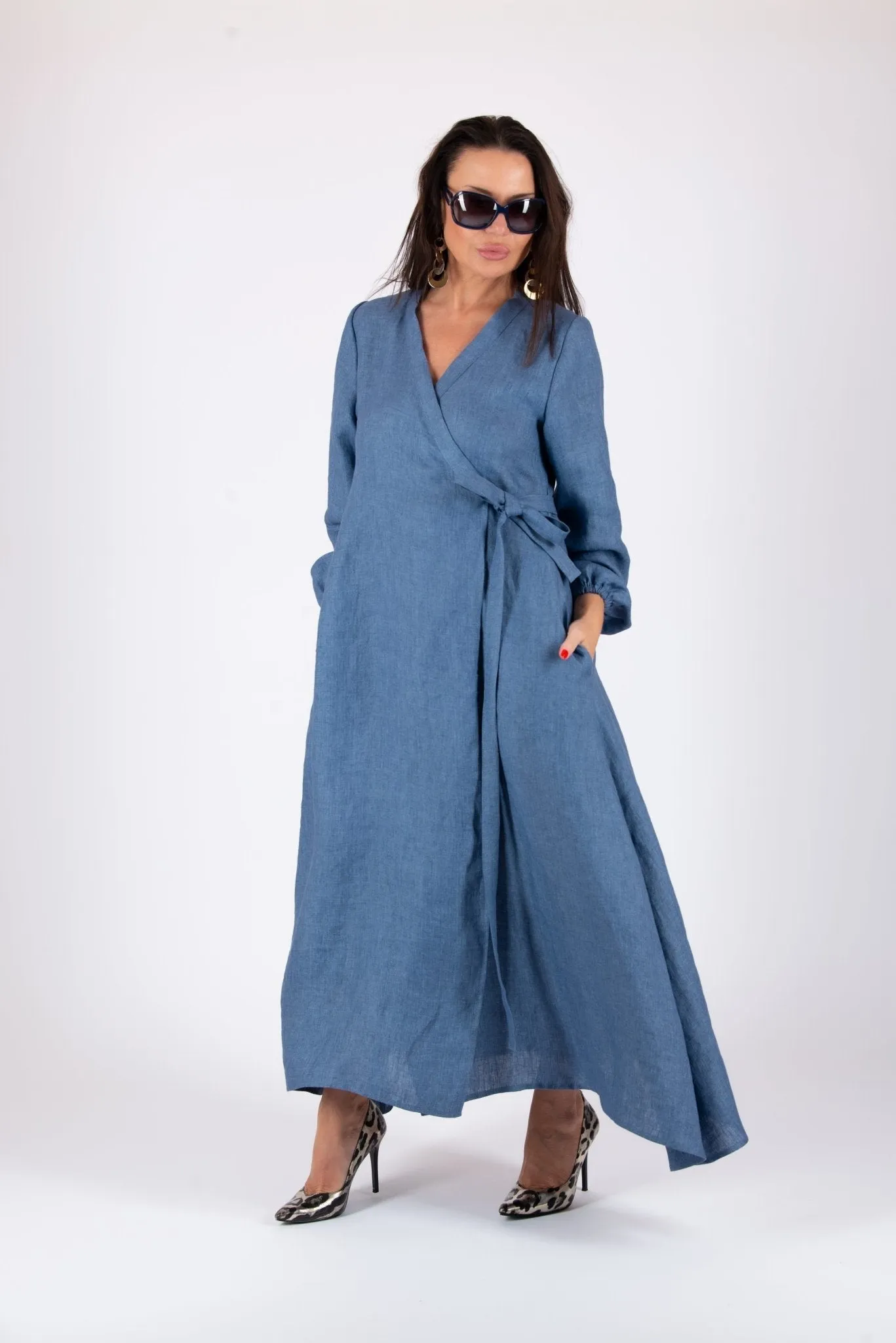 NAPOLI Linen Long Sleeves Wrap Dress