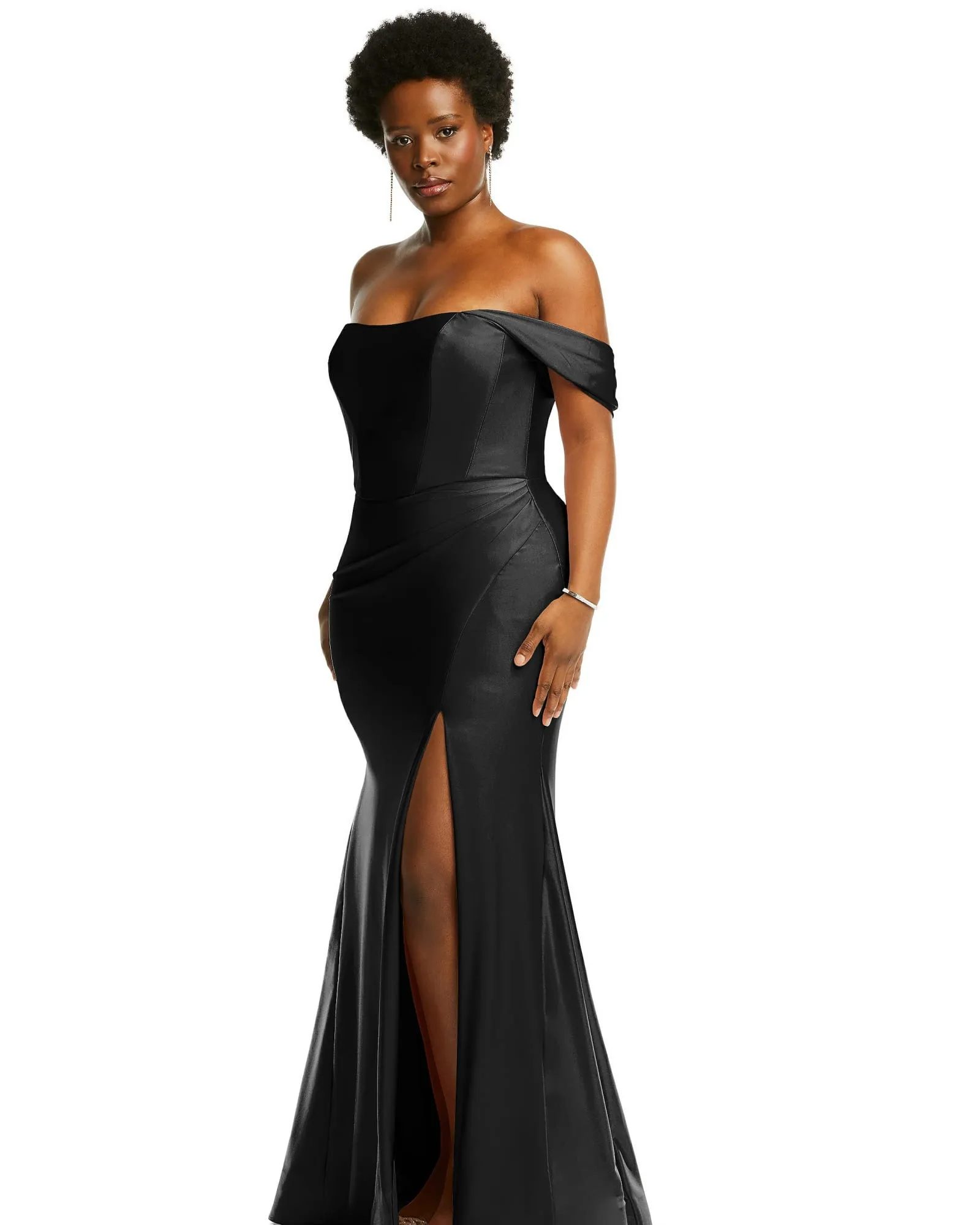 Off-the-Shoulder Corset Stretch Satin Mermaid Dress with Slight Train | Black