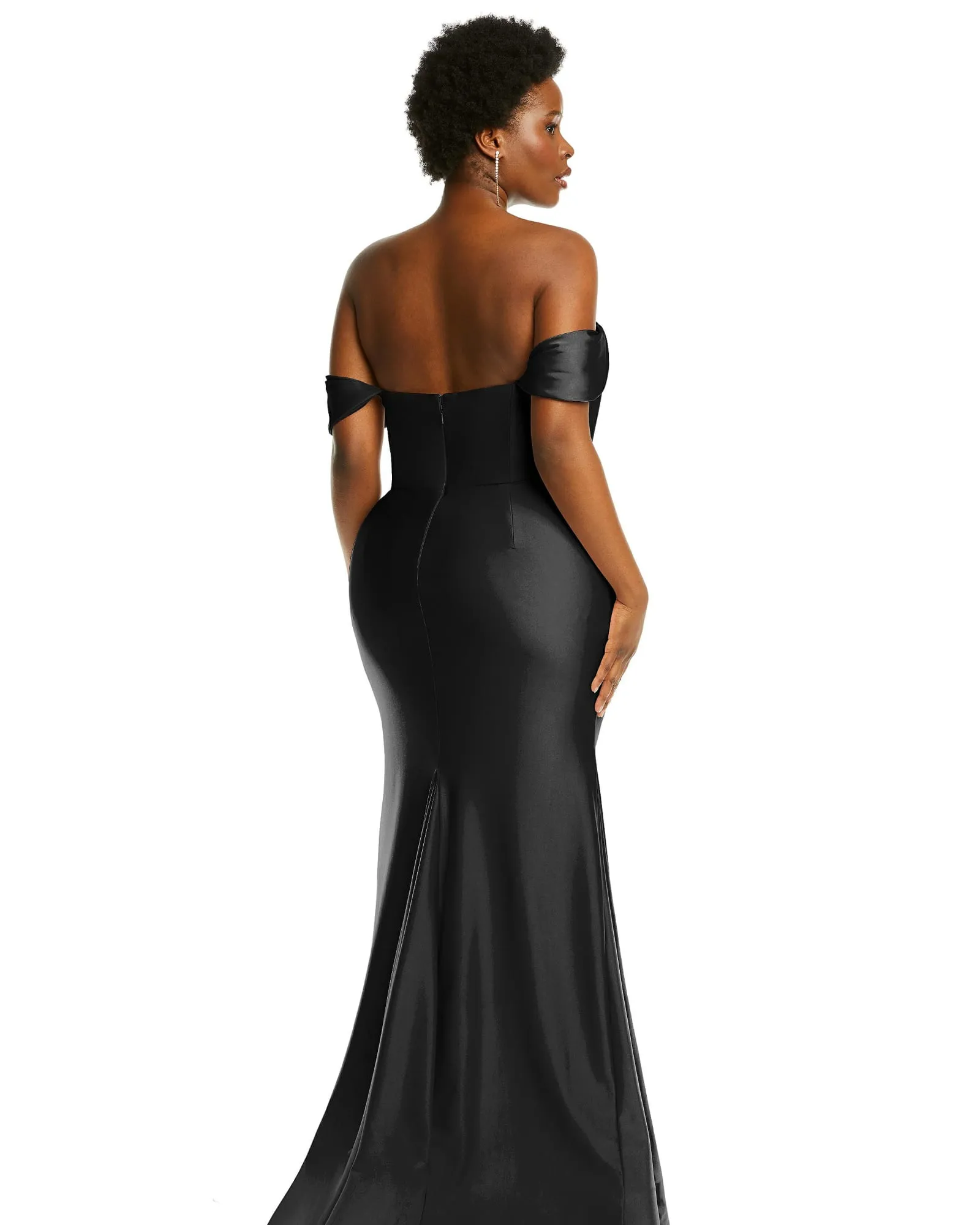 Off-the-Shoulder Corset Stretch Satin Mermaid Dress with Slight Train | Black