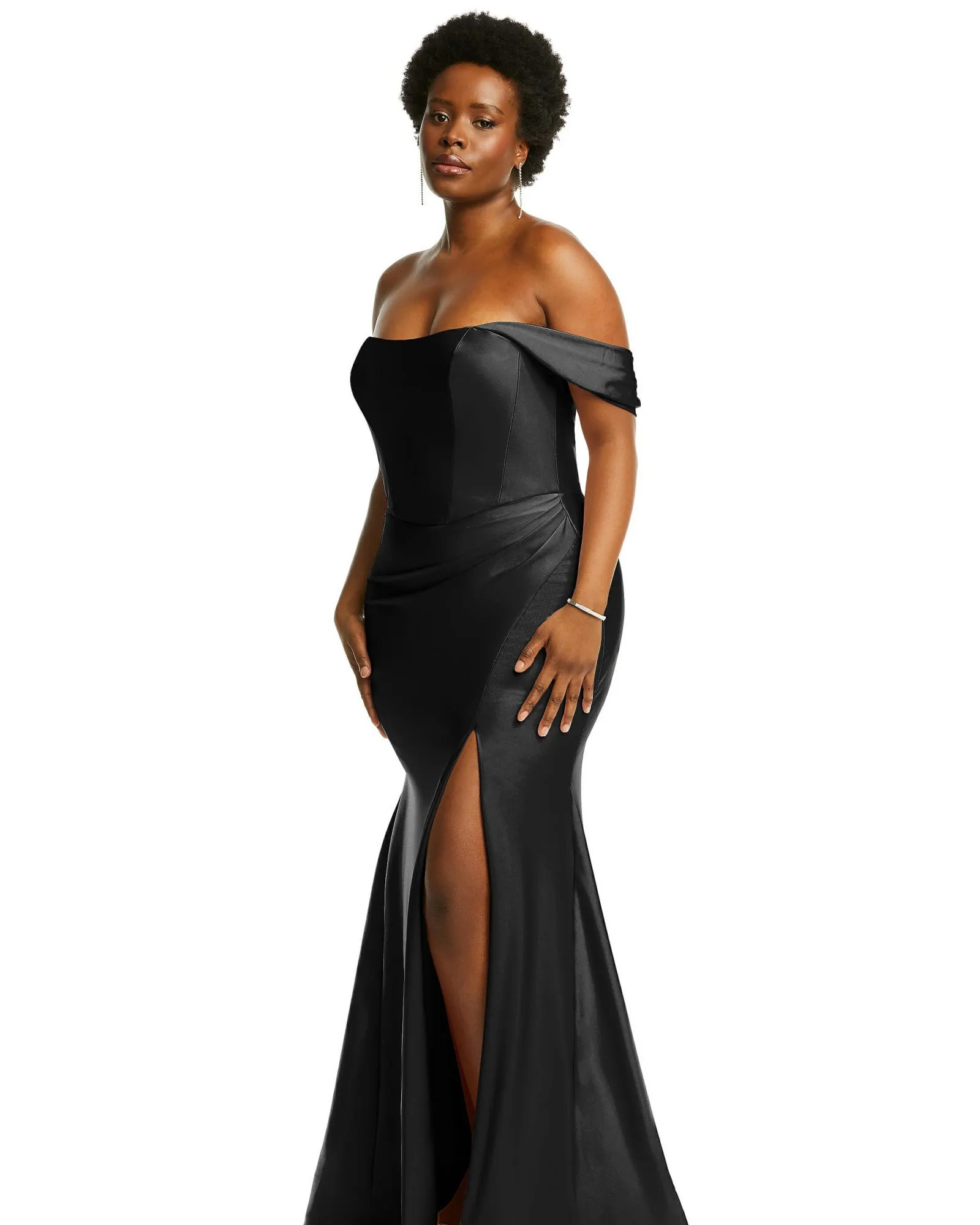 Off-the-Shoulder Corset Stretch Satin Mermaid Dress with Slight Train | Black