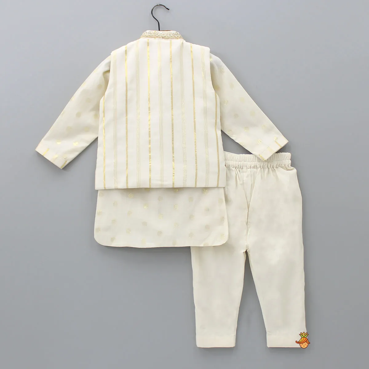 Off White Embroidered Cotton Kurta With Shimmery Pocket Square Jacket And Pyjama