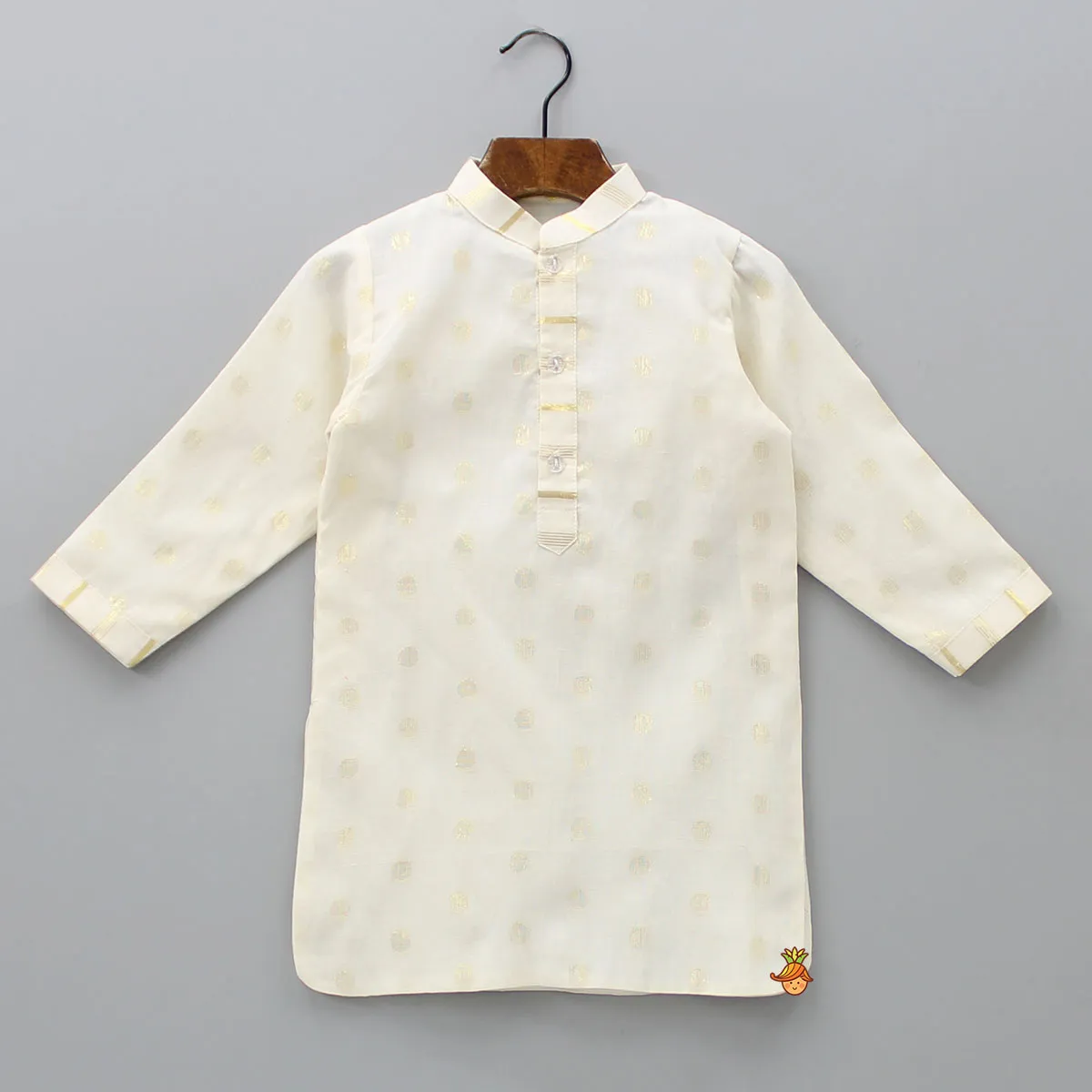 Off White Embroidered Cotton Kurta With Shimmery Pocket Square Jacket And Pyjama