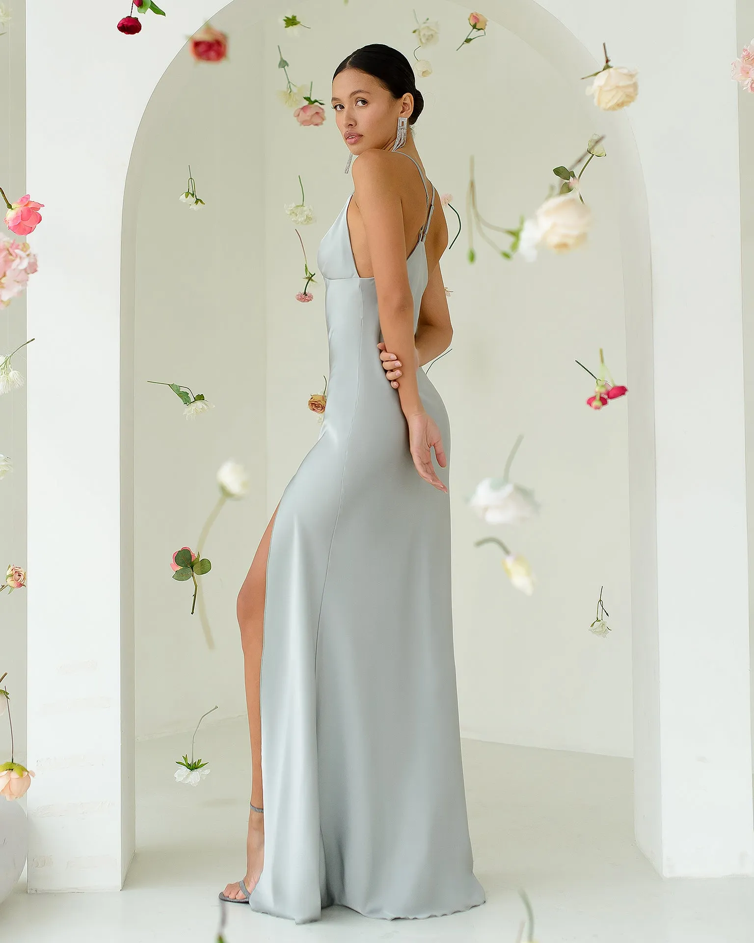 Olive Satin Thigh-Slit Slip Dress