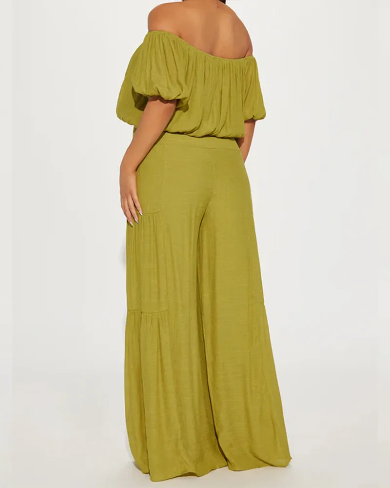 One-Shoulder Bubble Sleeve High-waist Trousers Sets