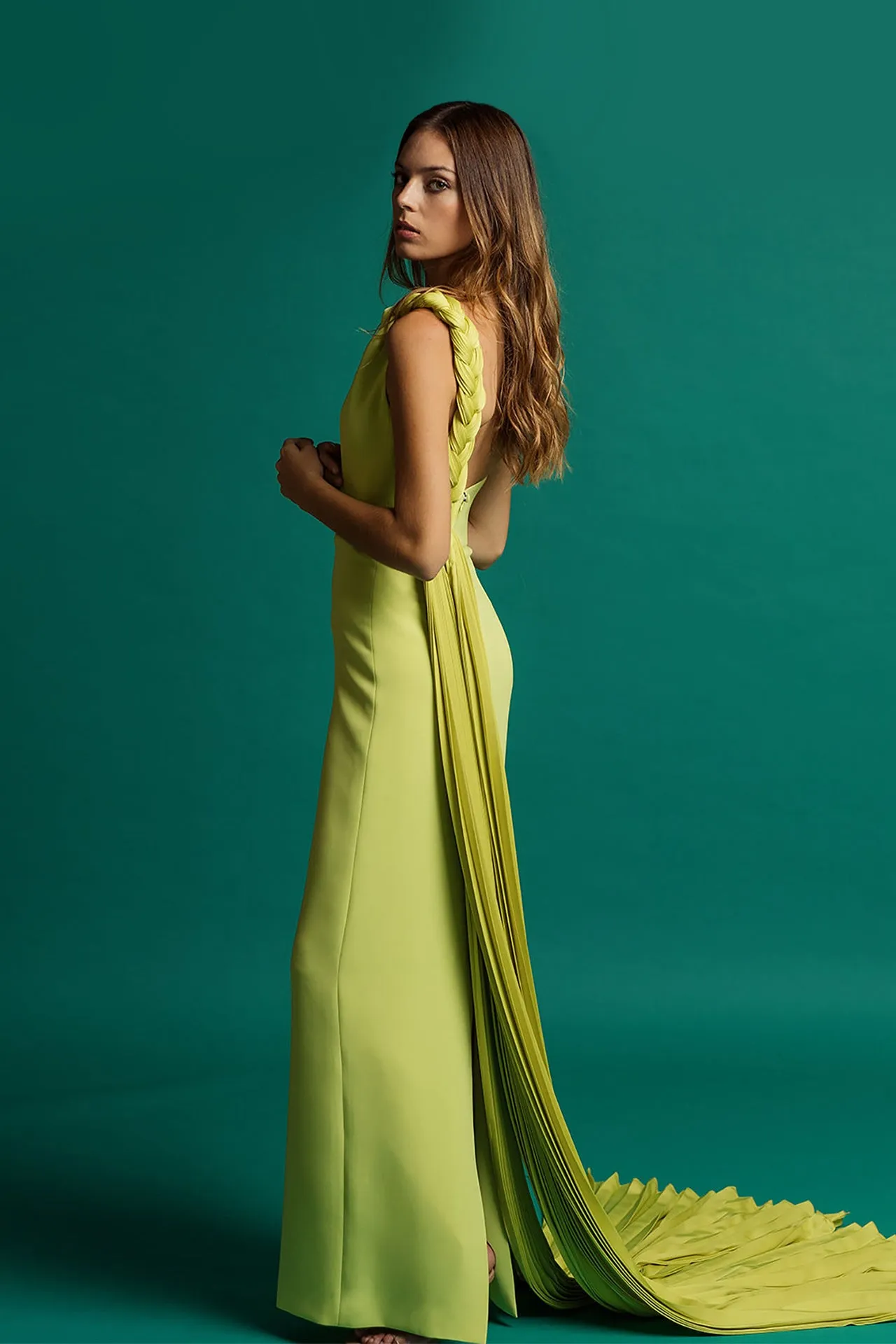 One-Shoulder Dress with Pleated Side Train