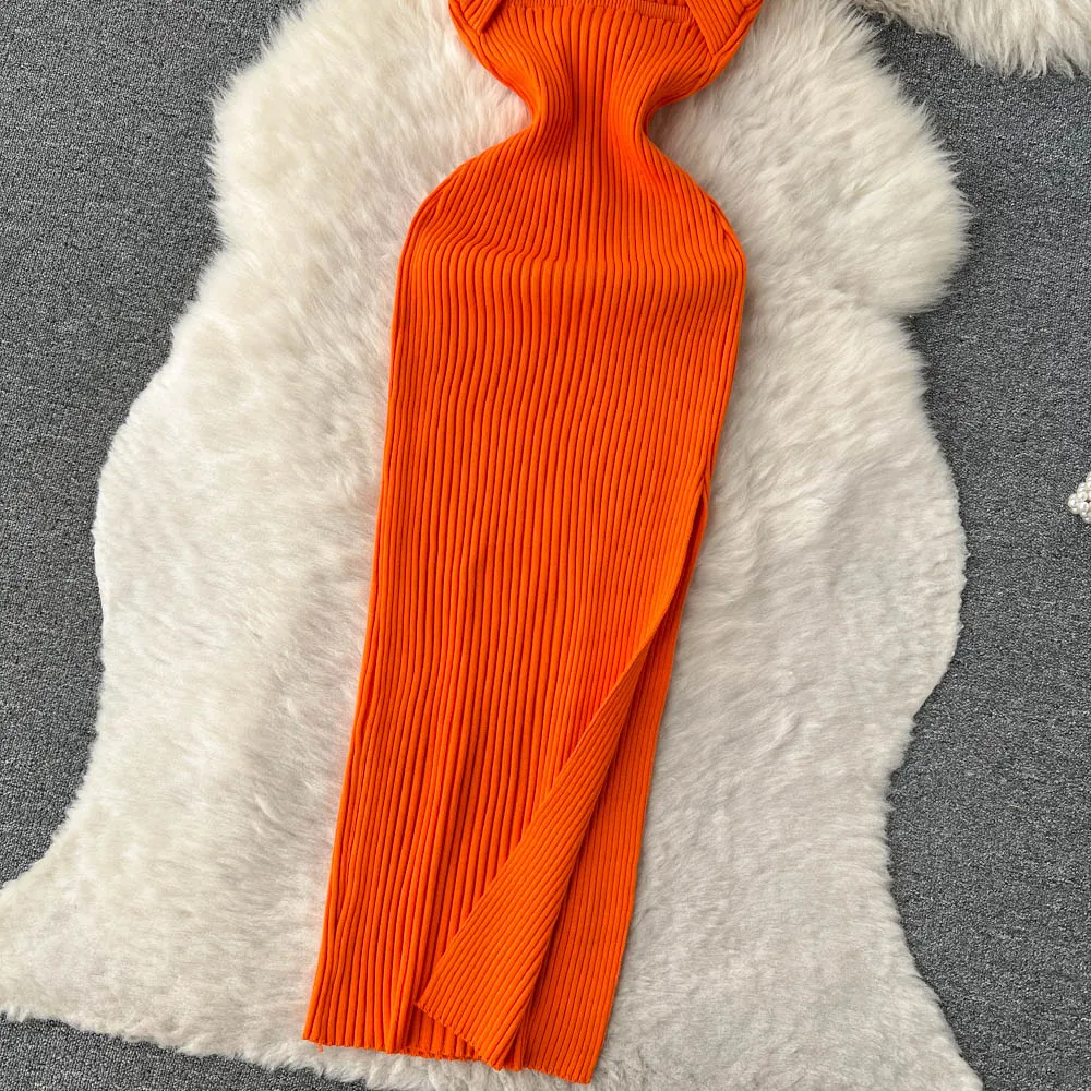 Openwork Backless Knitted Halter Dress