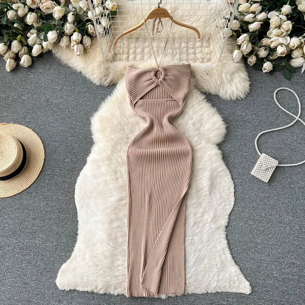 Openwork Backless Knitted Halter Dress
