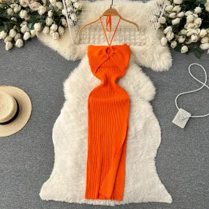 Openwork Backless Knitted Halter Dress