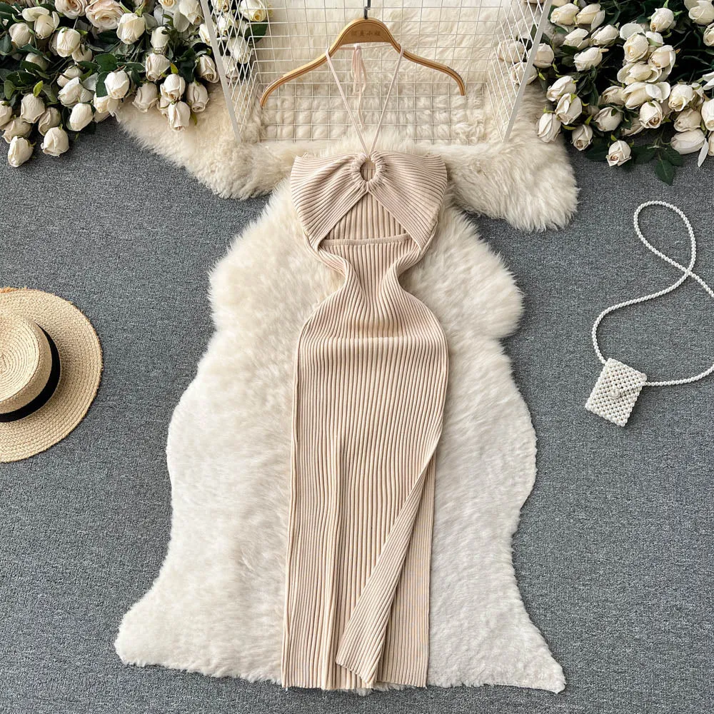 Openwork Backless Knitted Halter Dress