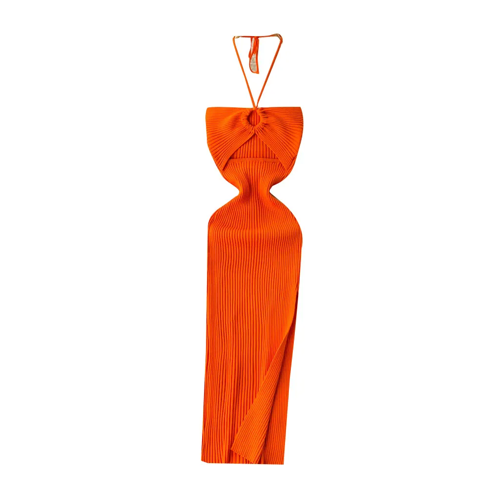 Openwork Backless Knitted Halter Dress