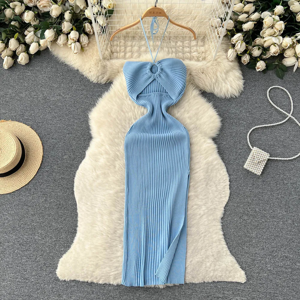 Openwork Backless Knitted Halter Dress