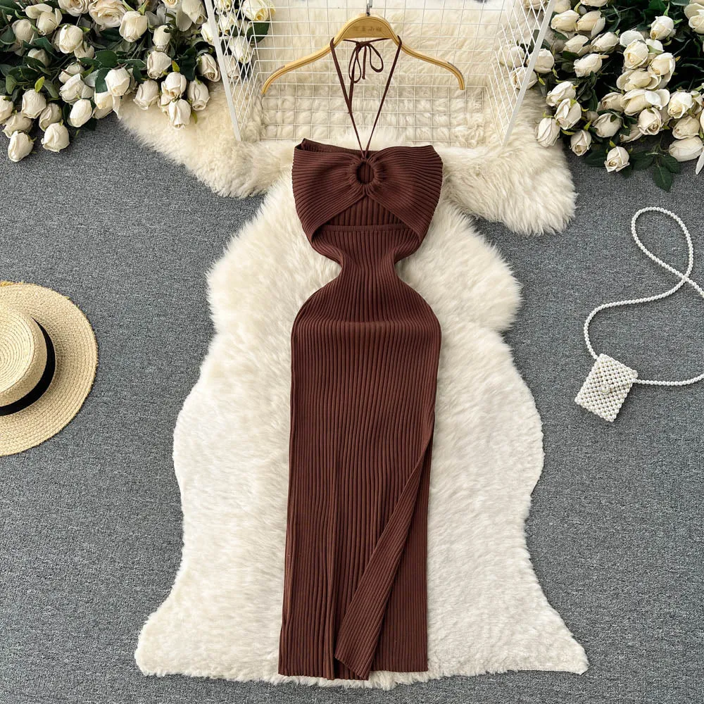 Openwork Backless Knitted Halter Dress