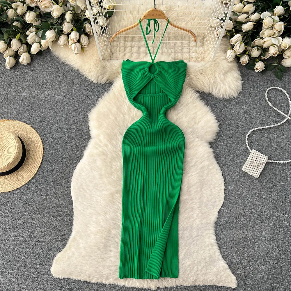 Openwork Backless Knitted Halter Dress