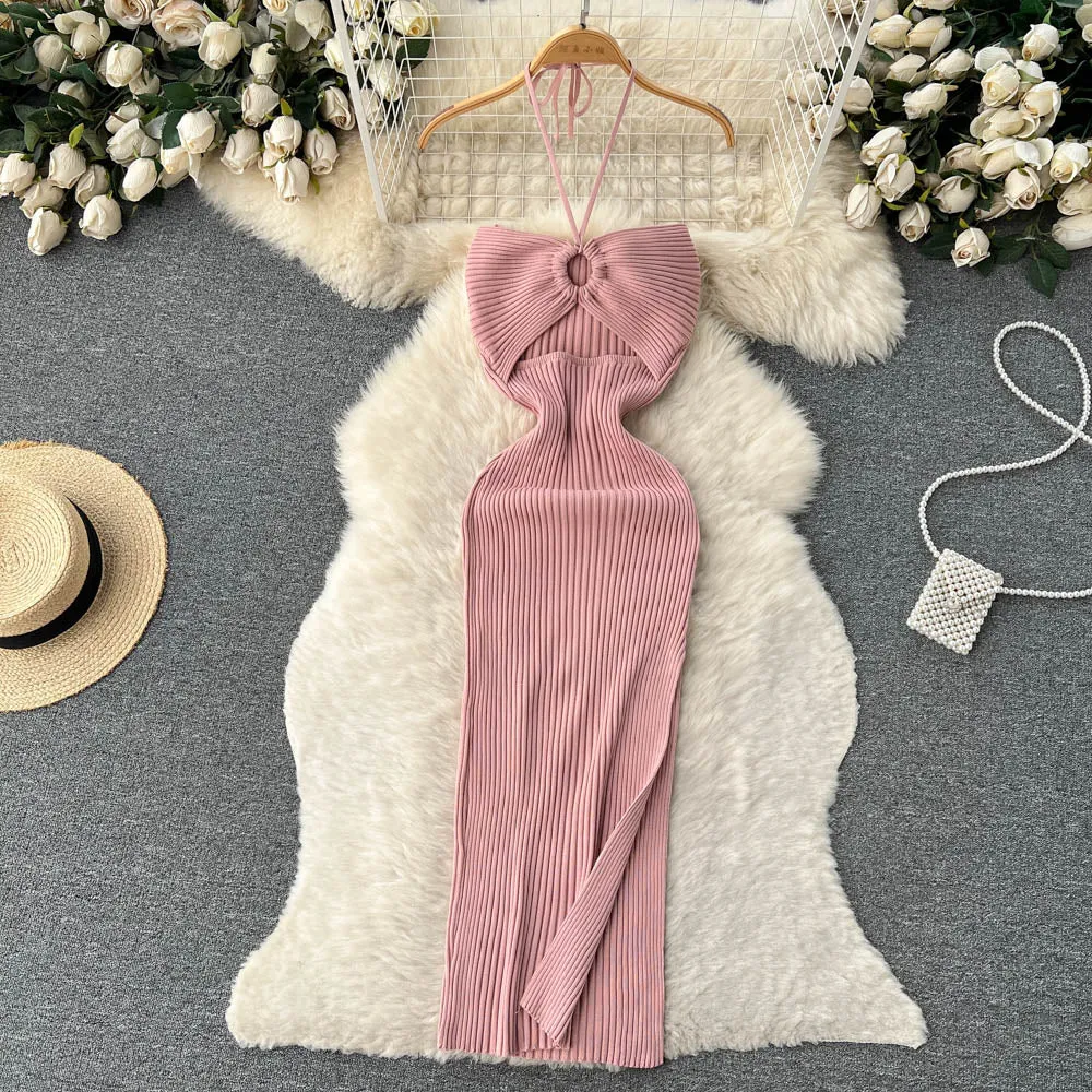 Openwork Backless Knitted Halter Dress