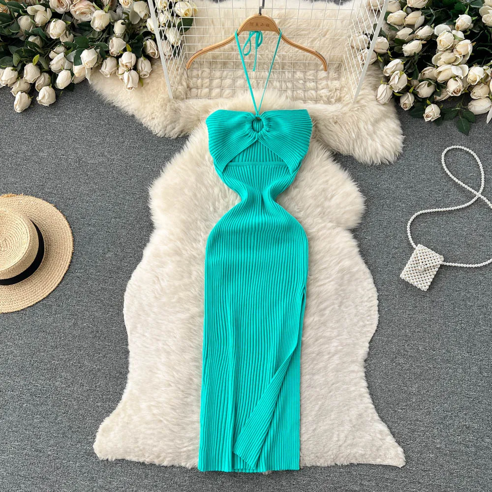 Openwork Backless Knitted Halter Dress