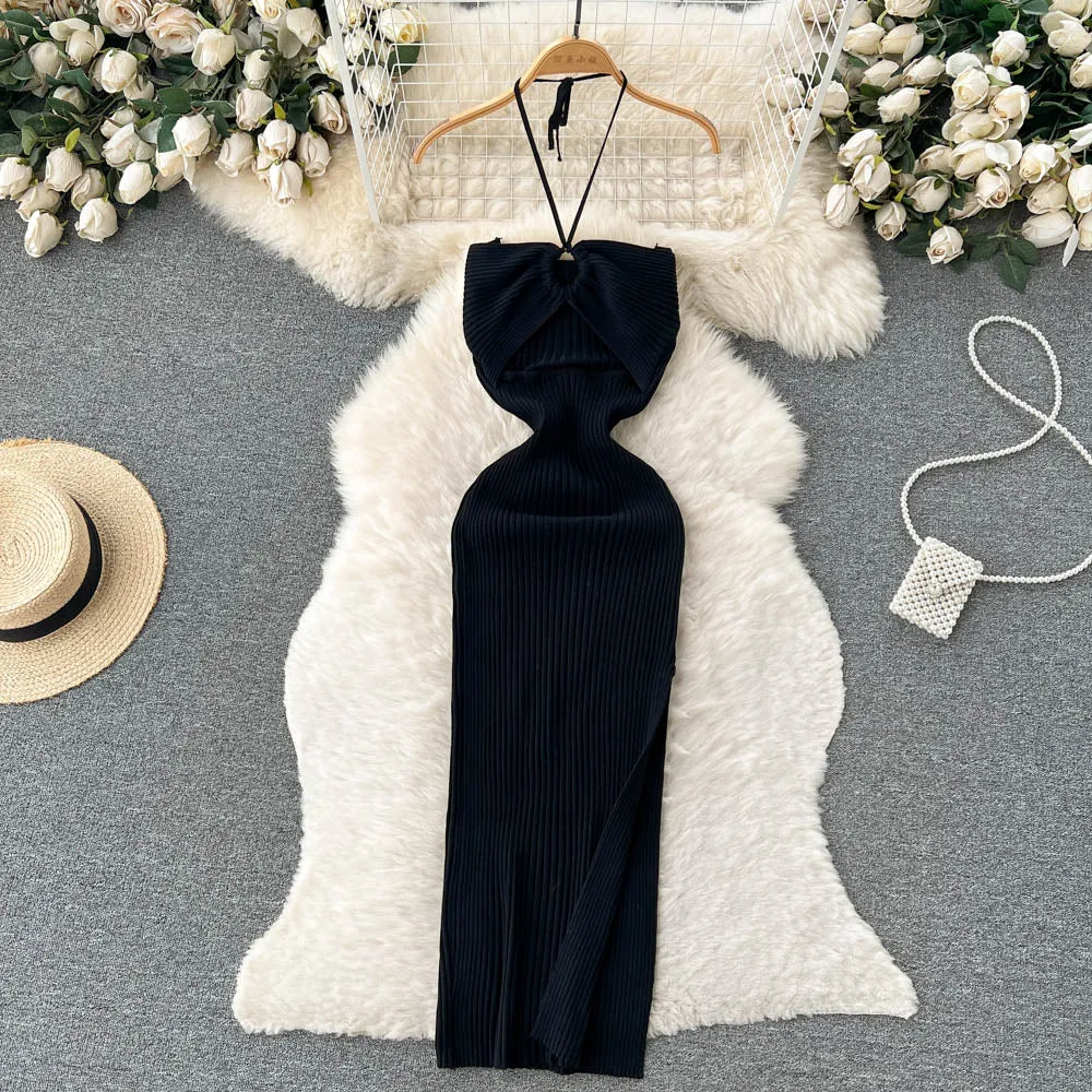 Openwork Backless Knitted Halter Dress